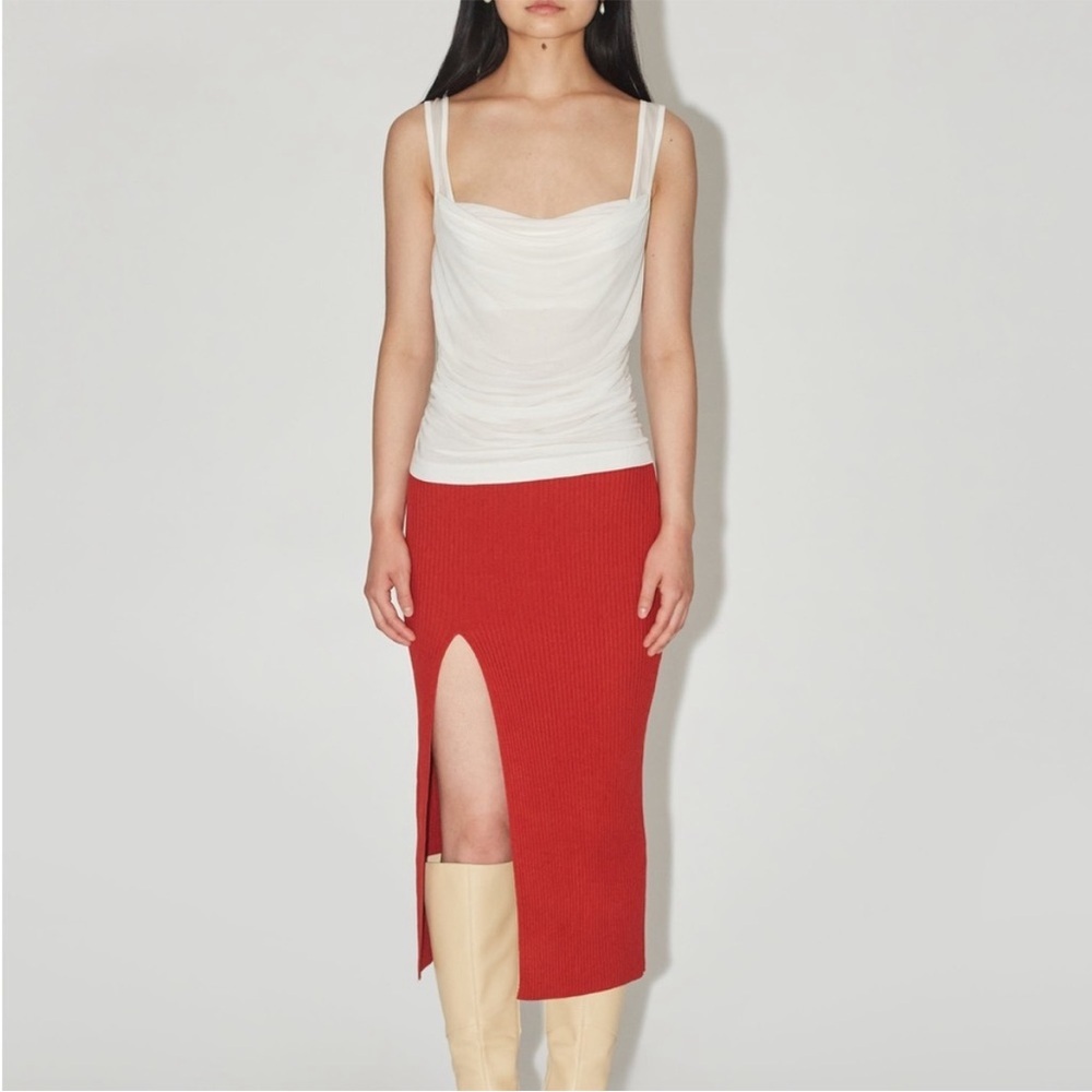 Uncle Studios Red Knit Ribbed Long Slit Midi Skirt